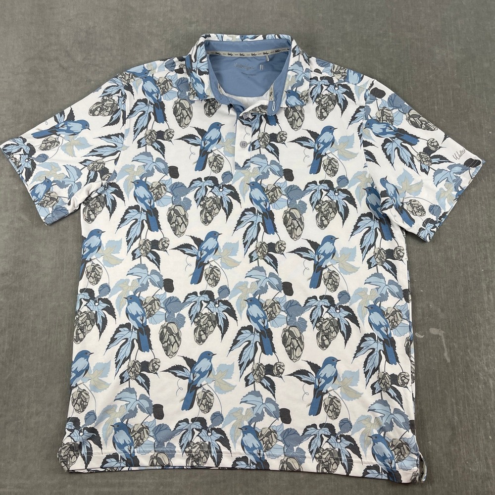 Walter Hagen Mens L White Blue Bird Hops Print Golf Performance Polo Shirt